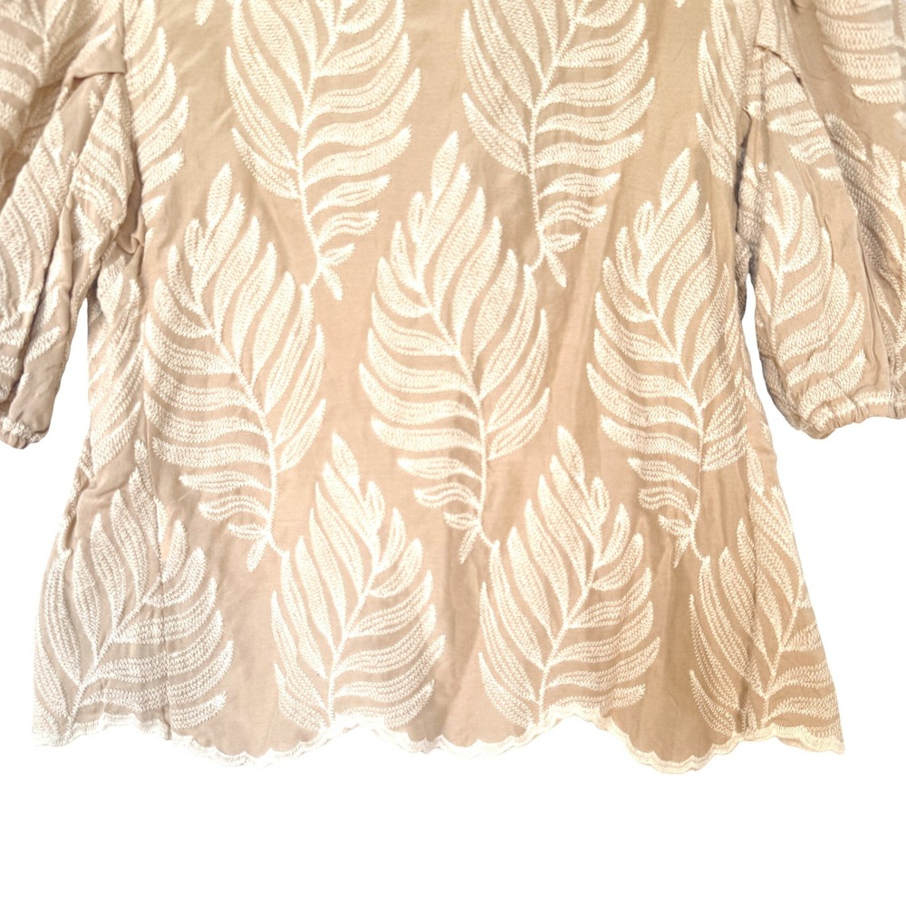 Solitaire Embroidered Leaf Blouse – Beige Boho Puff Sleeve Top – Women's Medium - Picture 4 of 6